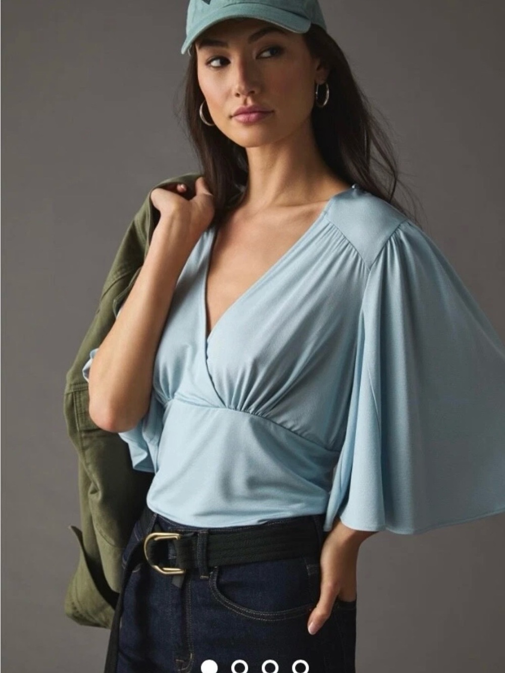 Anthropologie Pale Blue Wrap-Style Flutter Sleeve Top (xs would definitely fit S